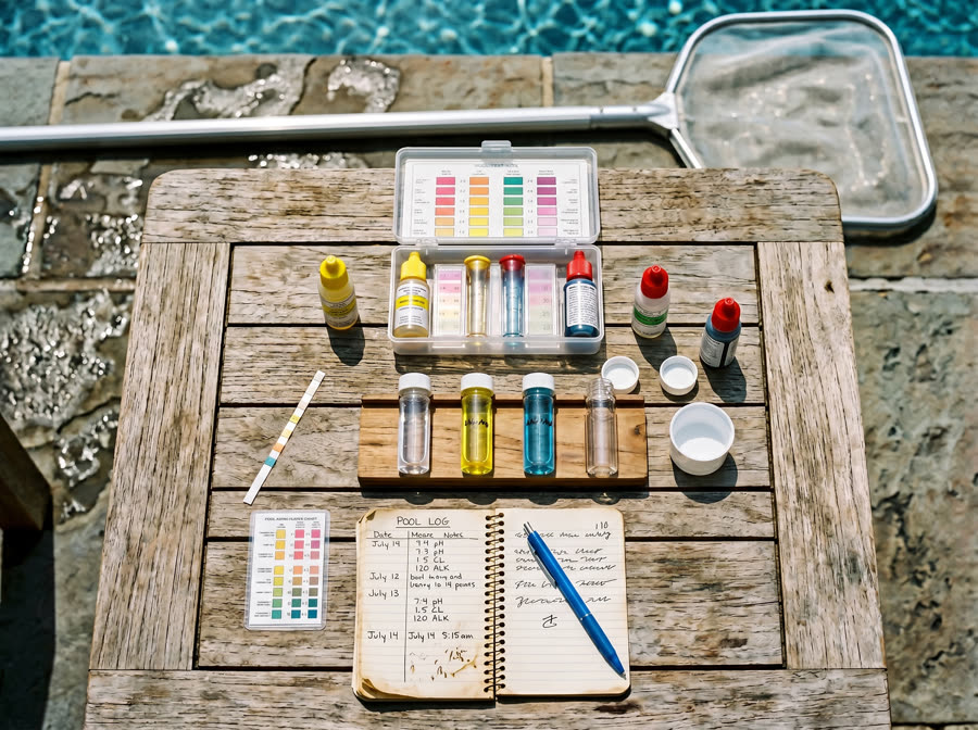 Pool chemistry test kit, test strips, and a handwritten pool log on a wooden poolside table