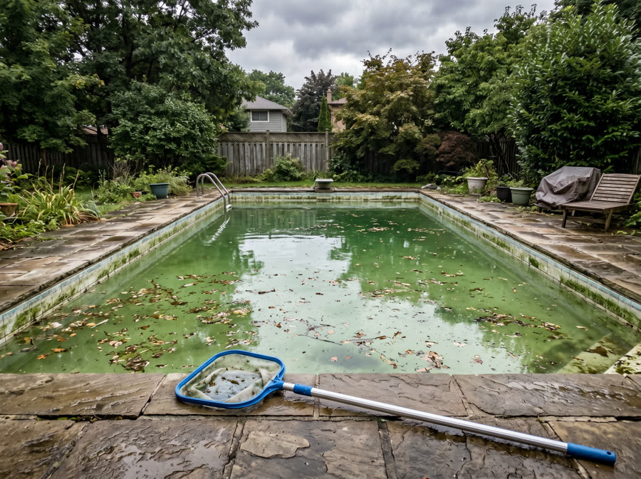 Backyard pool with cloudy green algae water and leaves, with a skimmer net ready for recovery
