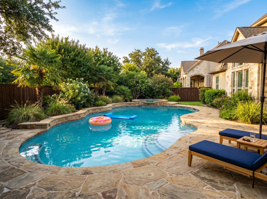 Crystal-clear backyard pool with flagstone decking on a sunny Texas summer day