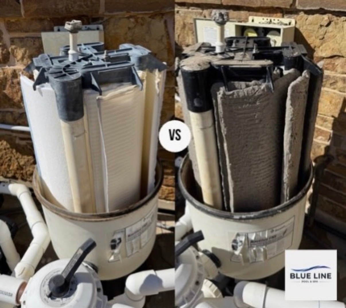 Pool filter cartridge before and after cleaning by Blue Line Pool & Spa — dusty gray filter media vs. clean white pleats